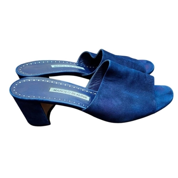 Manolo Blahnik Navy Blue Rapallato Soft Suede Banded Block Heel Sandals … - Picture 2 of 12